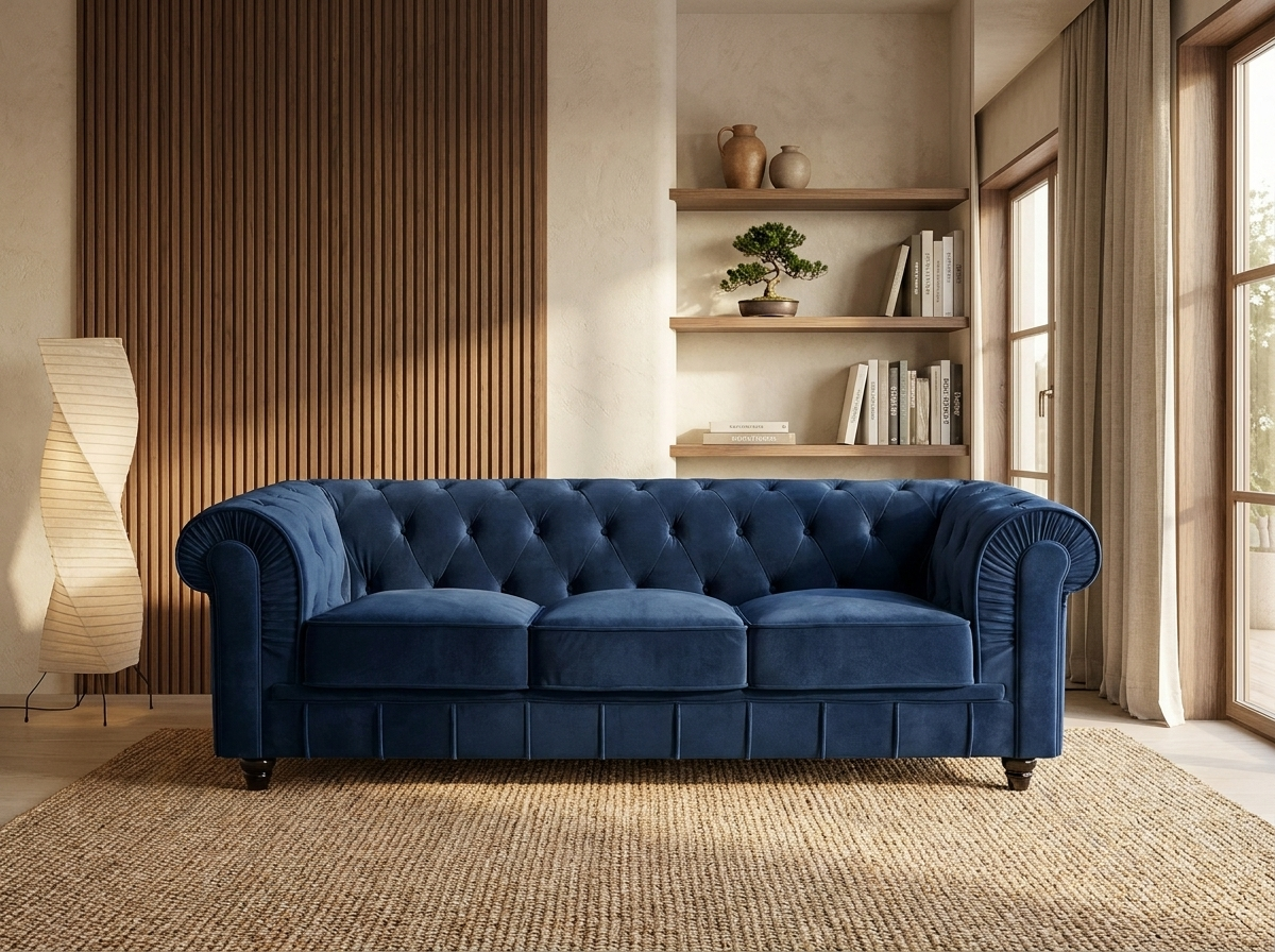 Grand Canapé Chesterfield 3 Places en Velours Bleu Nuit - WINDSOR