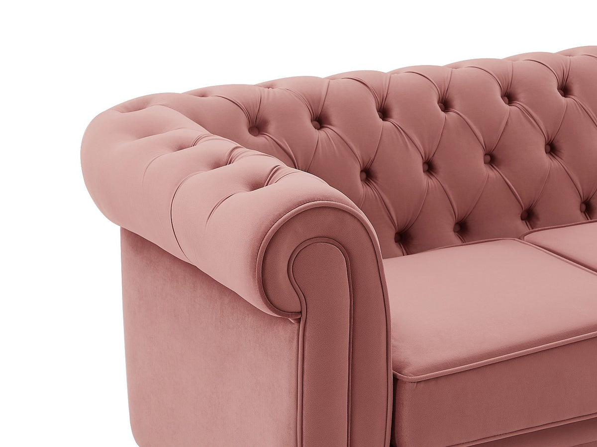 Détail du velours rose poudré du canapé chesterfield GORDON