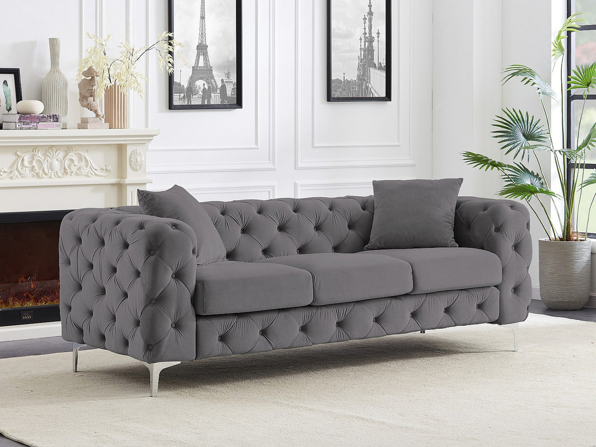 Canapé chesterfield 3 places en velours gris anthracite - EDWINA