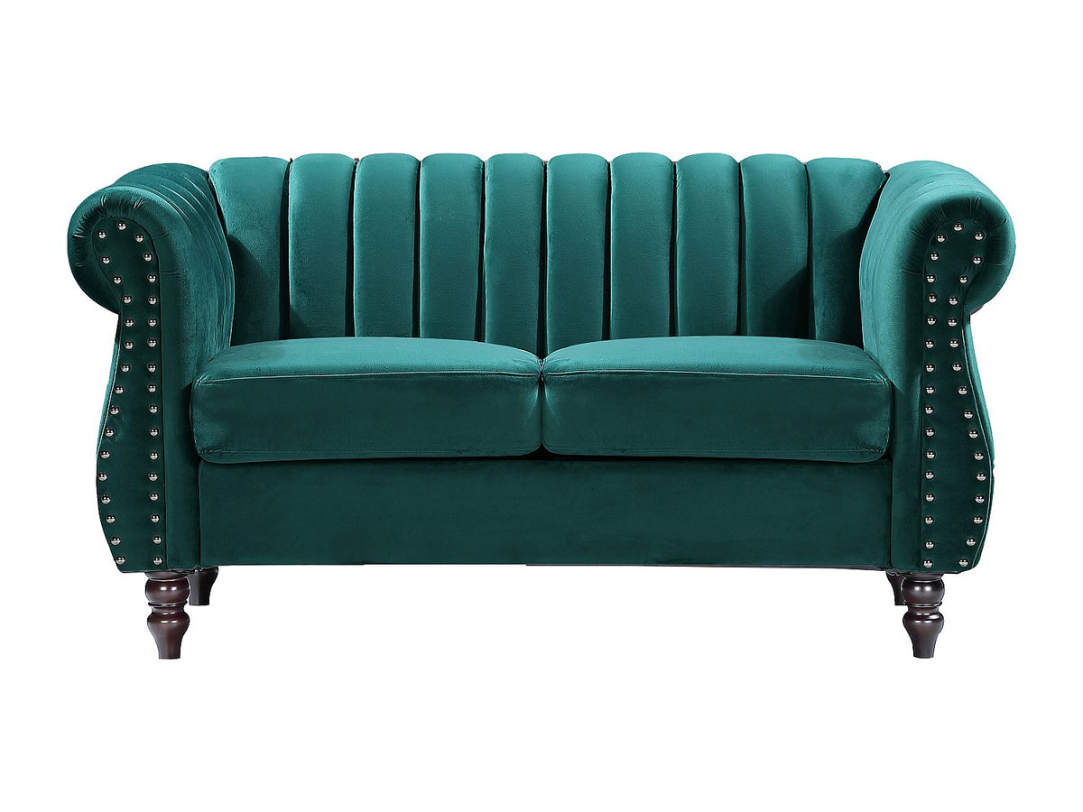 Vue d'ensemble du canapé chesterfield TRUMBO 2 places en velours vert émeraude