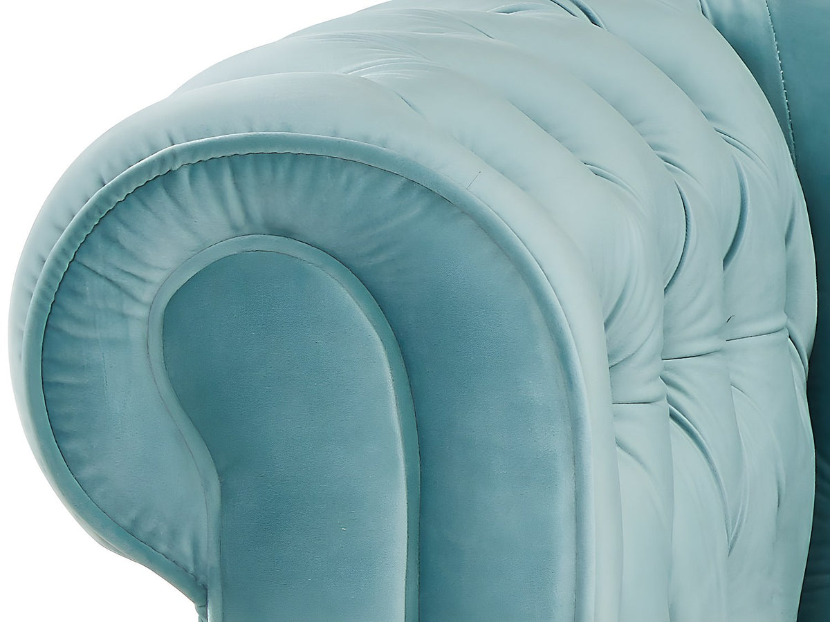 Vue d'ensemble du fauteuil chesterfield AVALON 1 place bleu ciel