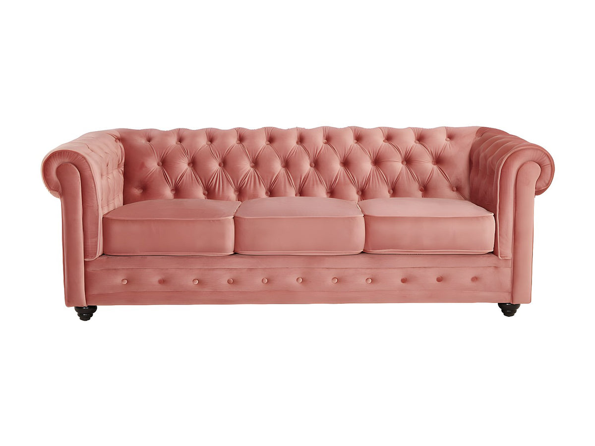 Capitonnage du canapé chesterfield KELVIN 3 places velours rose poudré