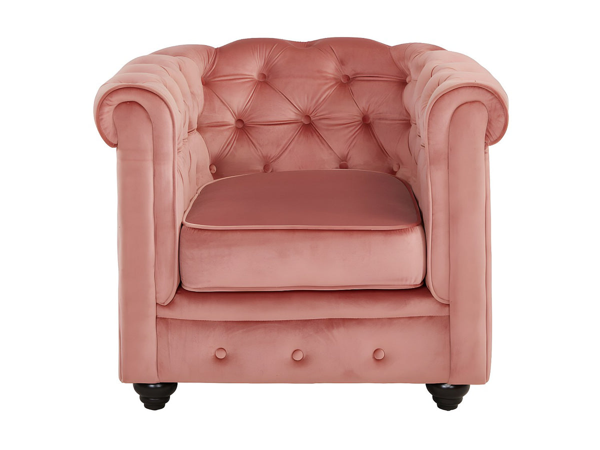 Capitonnage du fauteuil chesterfield YARROW en velours rose poudré