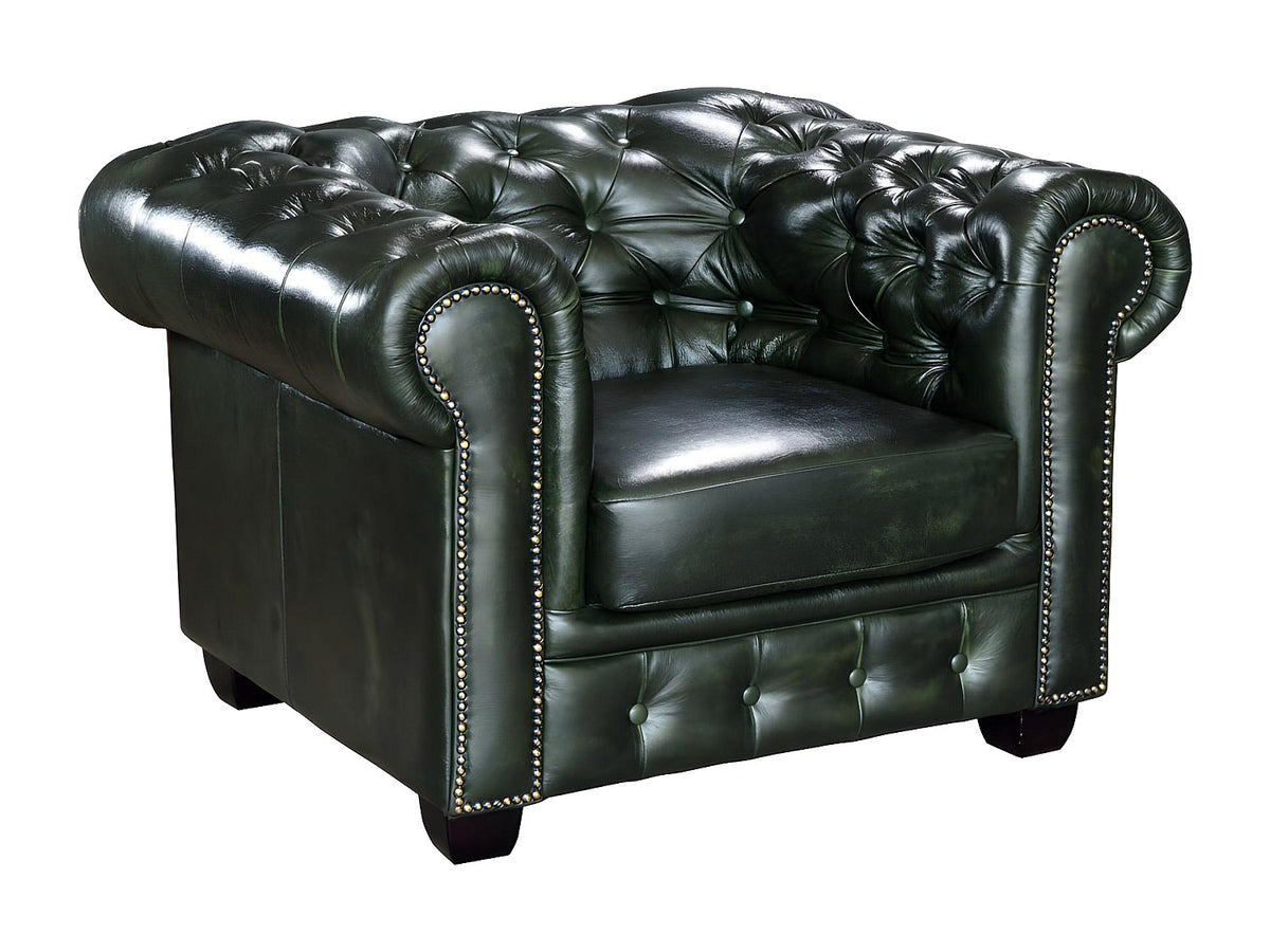 Vue d'ensemble du fauteuil club chesterfield BRENTON en cuir vert sapin