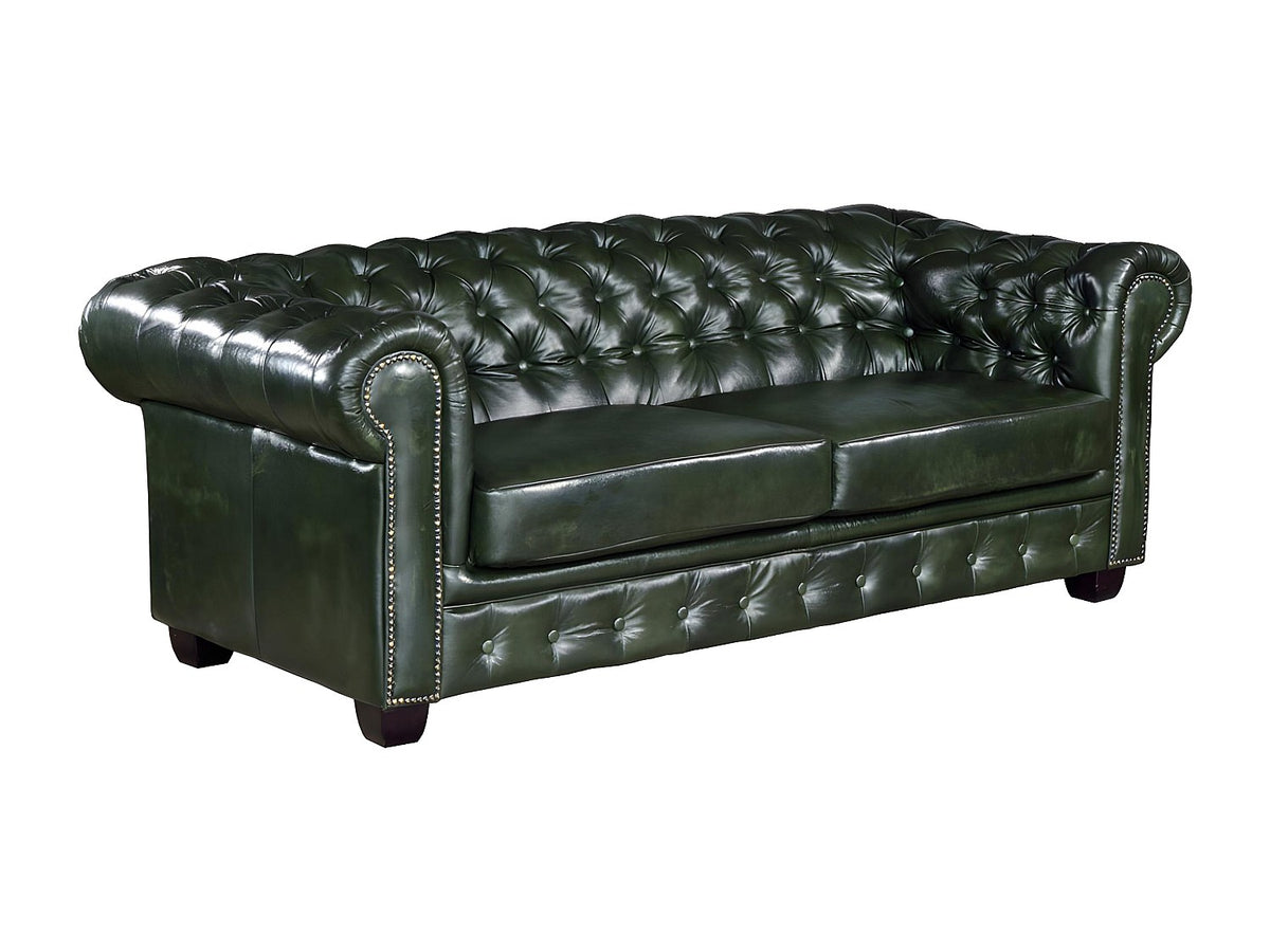Vue d'ensemble du canapé chesterfield BRENTON 3 places cuir vert sapin