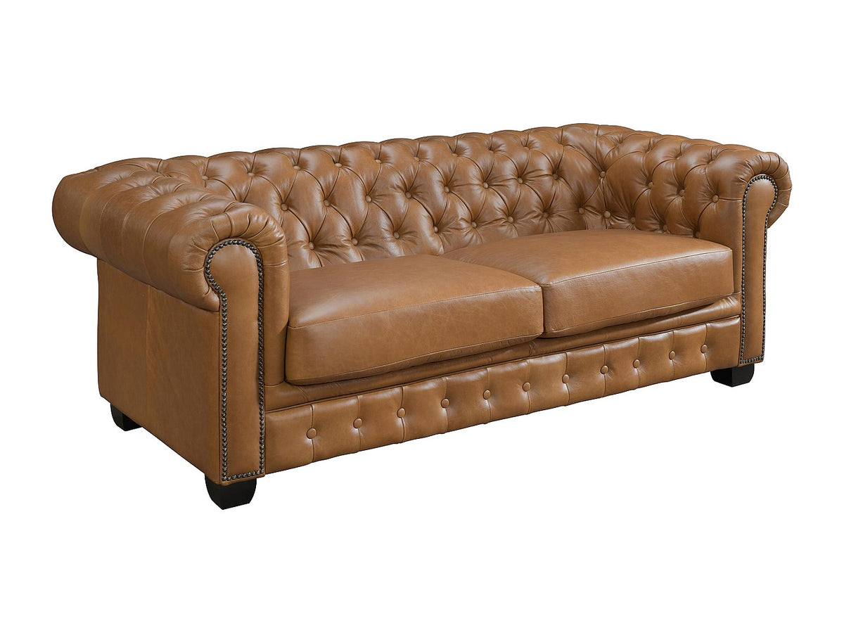 Vue d'ensemble du canapé chesterfield BRENTON vintage 3 places camel