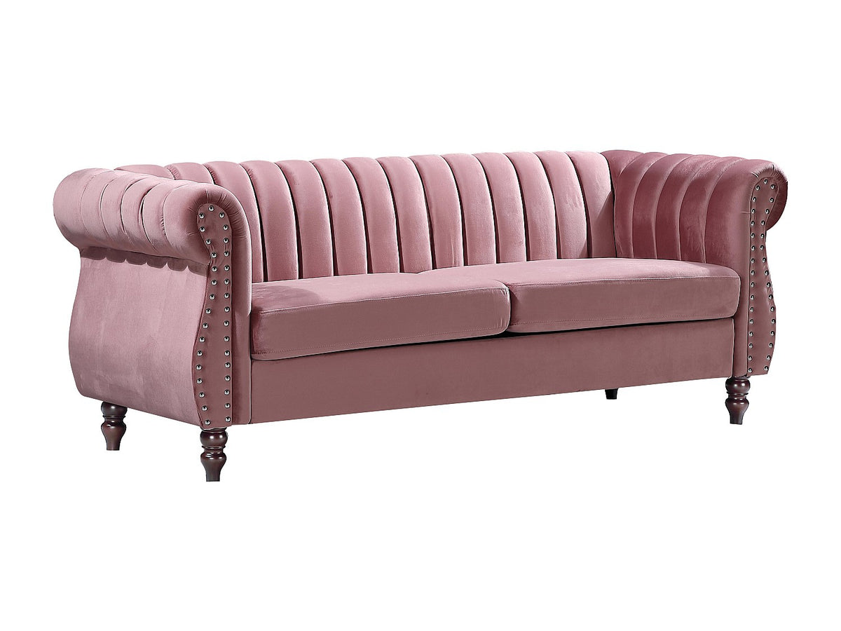 Vue d'ensemble du canapé chesterfield TRUMBO en velours strié rose poudré