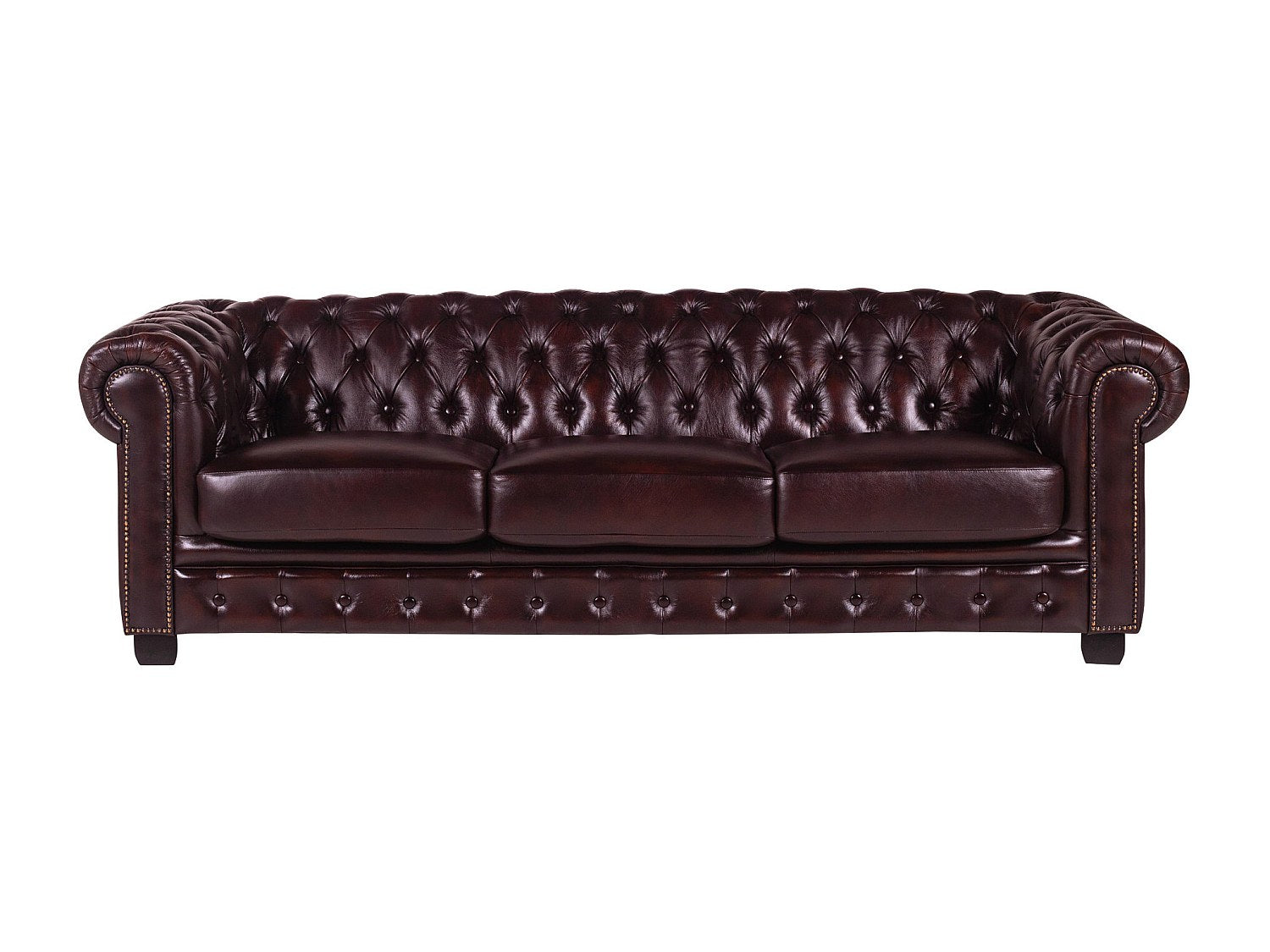 Assise capitonnée du canapé chesterfield BRENTON 4 places en cuir bordeaux
