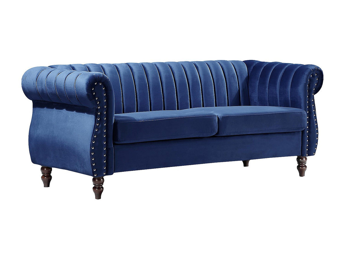 Vue d'ensemble du canapé chesterfield TRUMBO 3 places en velours bleu roi