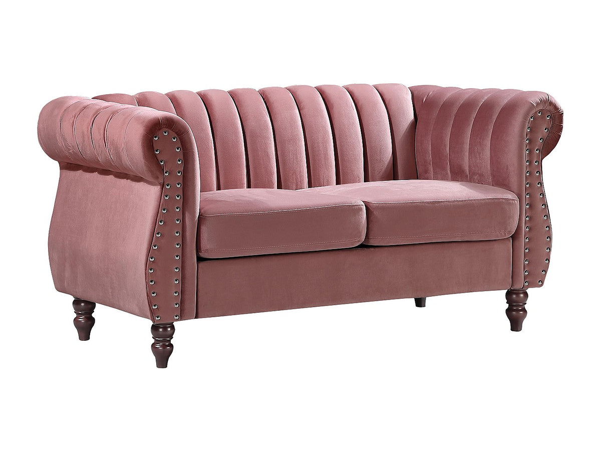 Vue d'ensemble du canapé chesterfield TRUMBO 2 places velours rose poudré