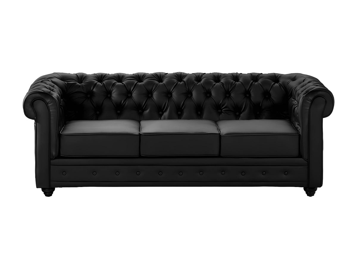Détail du simili cuir noir capitonné du canapé chesterfield IRVING