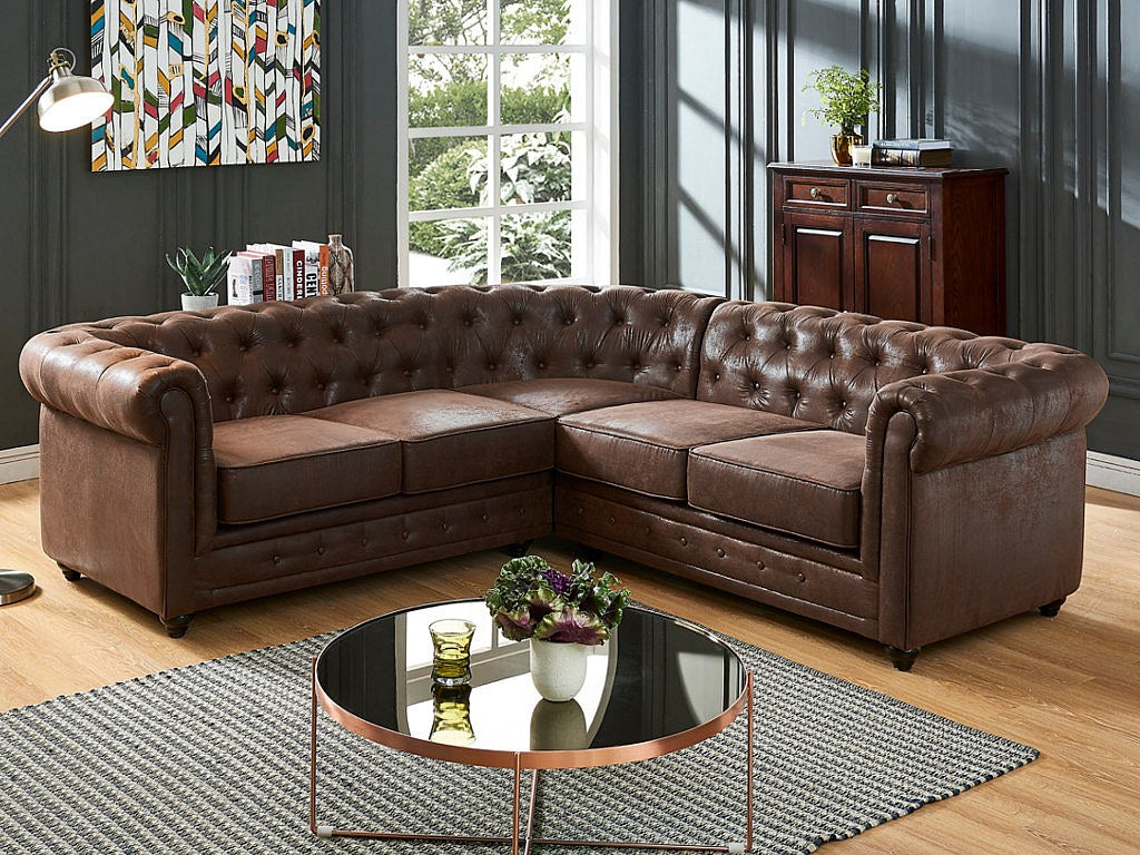 Méridienne et assise déhoussable du canapé d'angle chesterfield CARLTON marron