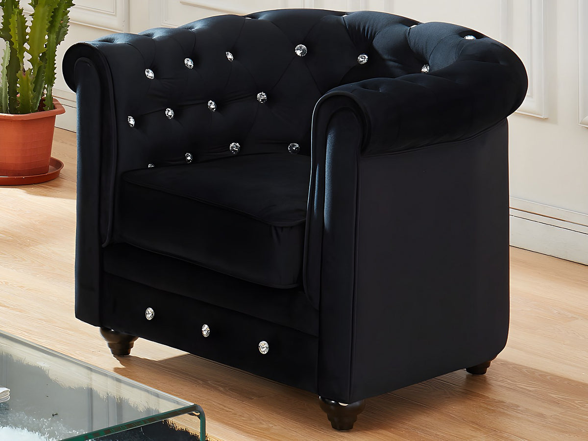 Capitonnage et boutons effet cristal du fauteuil chesterfield CRYSTAL noir