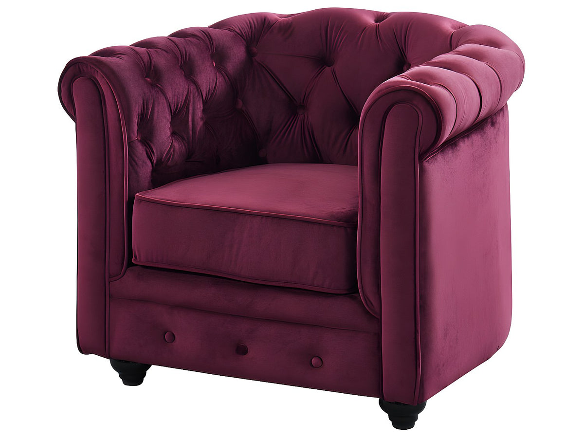 Vue d'ensemble du lot de 2 fauteuils chesterfield MANSFIELD bordeaux