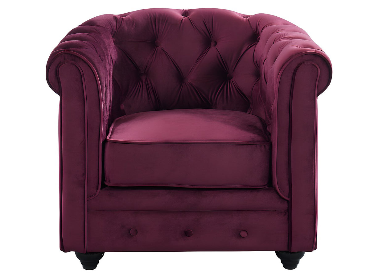 Capitonnage du fauteuil chesterfield MANSFIELD en velours bordeaux