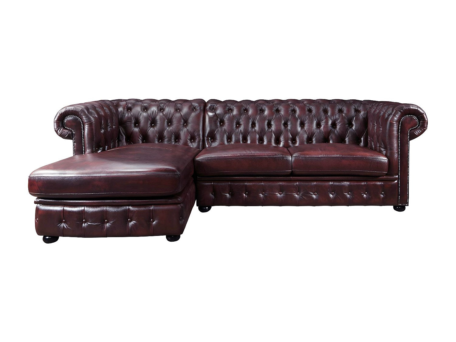 Capitonnage du canapé d'angle chesterfield BRENTON en cuir bordeaux