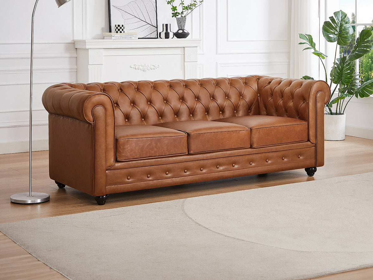 Capitonnage du canapé chesterfield THAMES 3 places en cuir camel