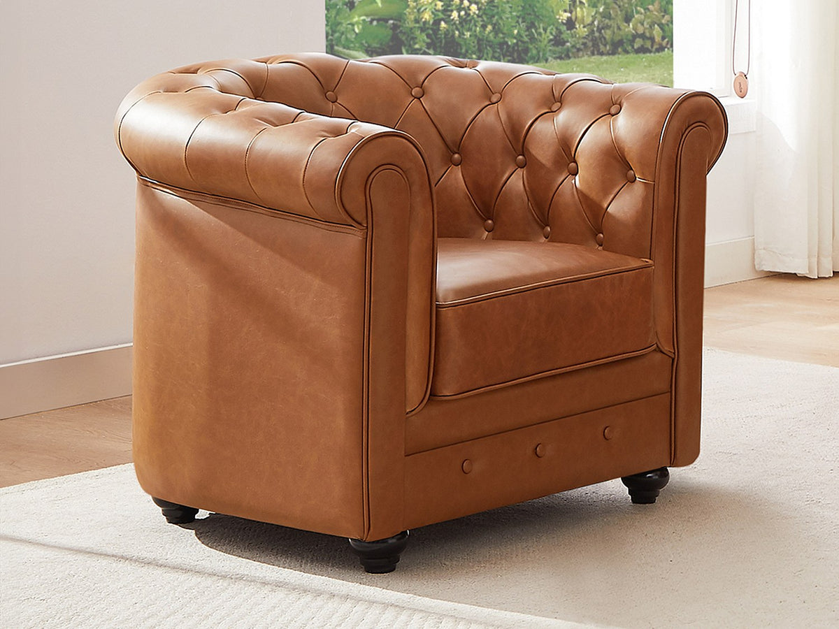 Vue d'ensemble du fauteuil chesterfield THAMES 1 place cuir camel