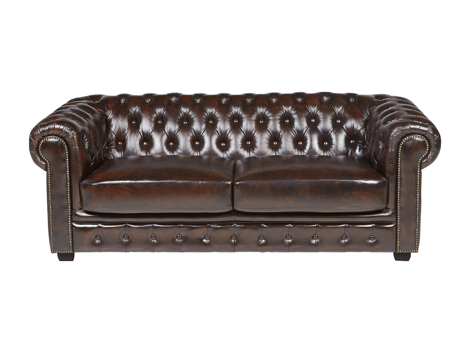 Détail du cuir pleine fleur marron chocolat du canapé chesterfield BRENTON