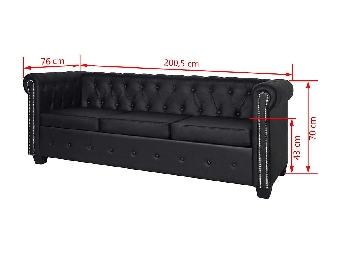 Vue d'ensemble du canapé chesterfield MILTON 3 places en simili cuir noir