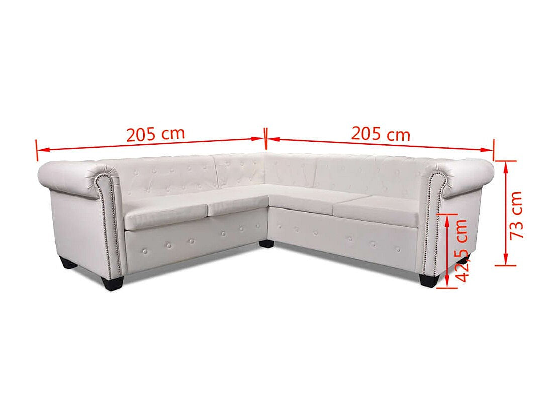 Vue d'ensemble du canapé d'angle chesterfield BRISTOL simili blanc
