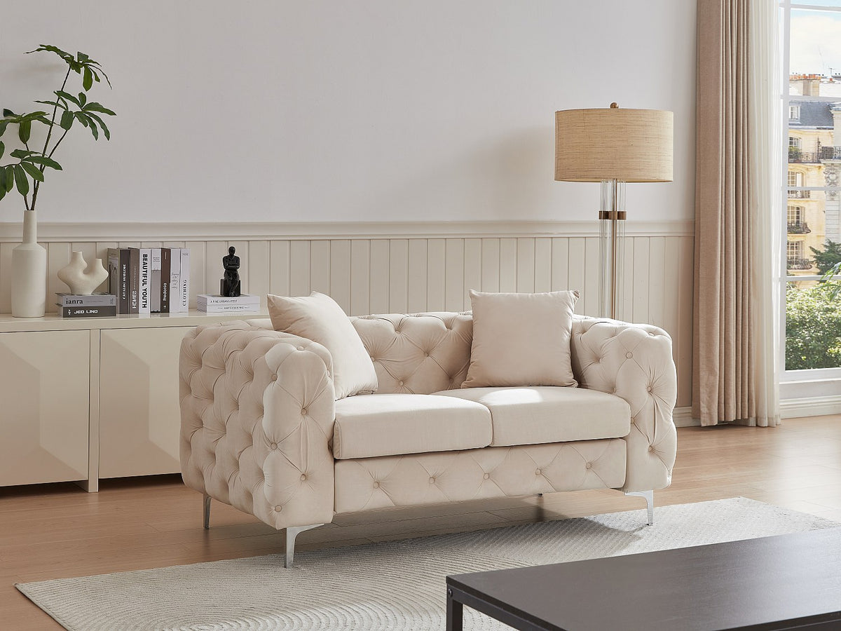 Canapé chesterfield 2 places en velours beige - EDWINA