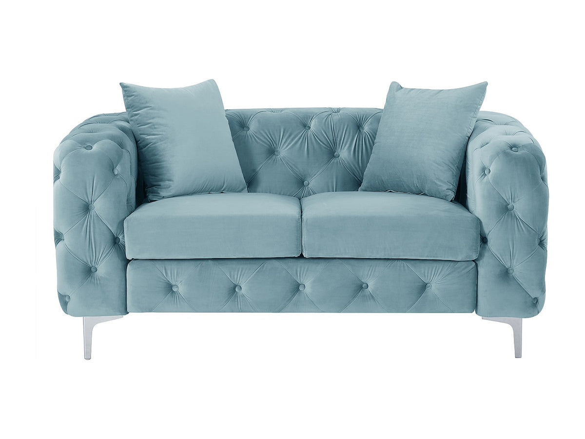 Capitonnage du canapé chesterfield EDWINA 2 places velours bleu ciel
