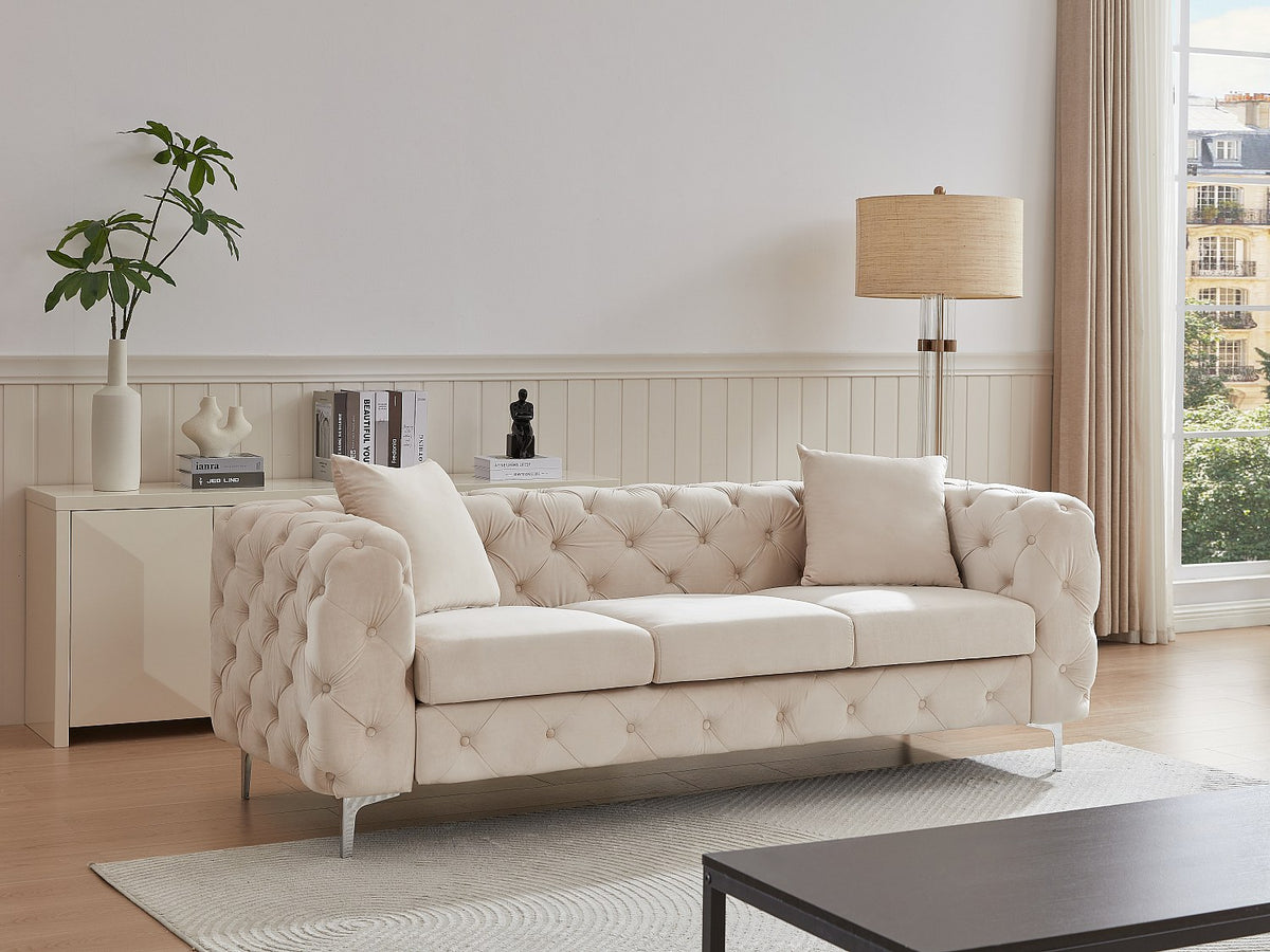 Canapé chesterfield 3 places en velours beige - EDWINA