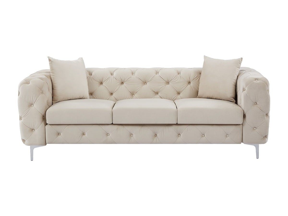Capitonnage du canapé chesterfield EDWINA 3 places velours beige