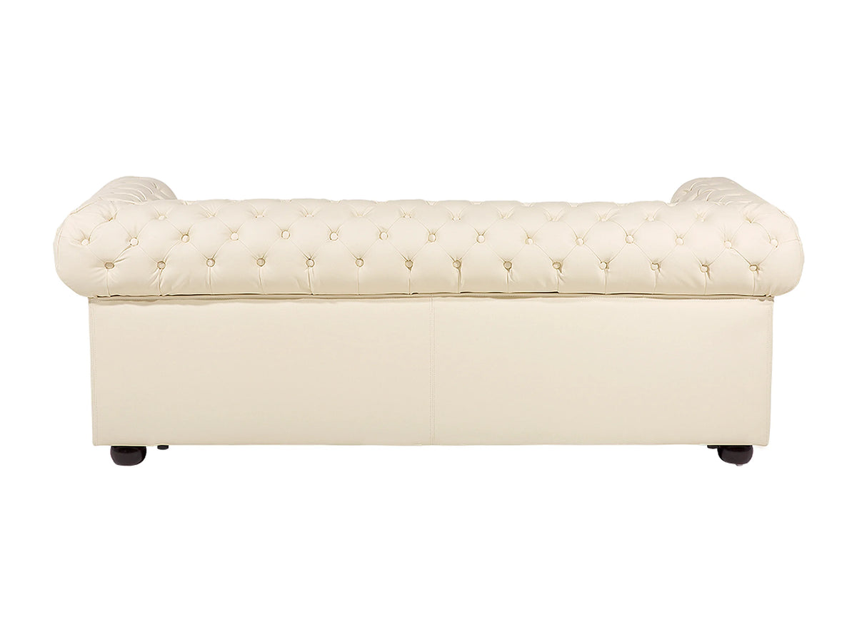 Détail du simili cuir beige du canapé chesterfield WESTON