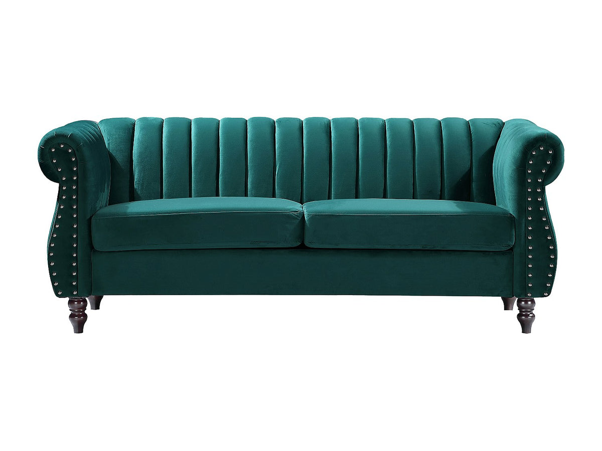 Vue d'ensemble du canapé chesterfield TRUMBO 3 places velours vert émeraude