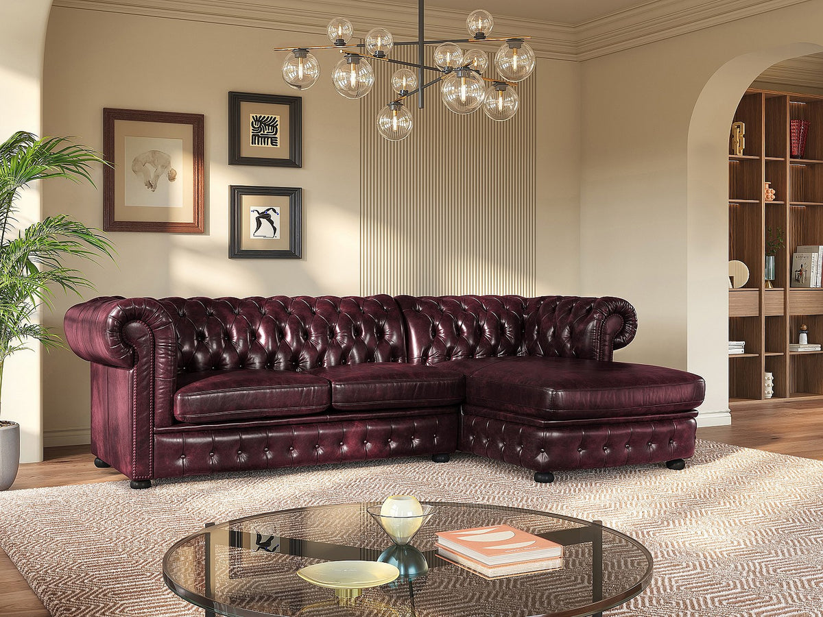Capitonnage profond du canapé d'angle chesterfield BRENTON bordeaux