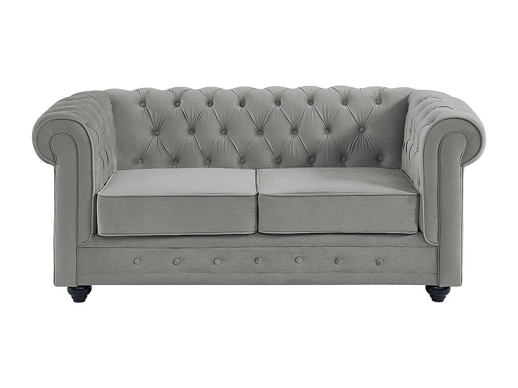 Vue d'ensemble du canapé chesterfield HAMPSTEAD 2 places velours gris clair