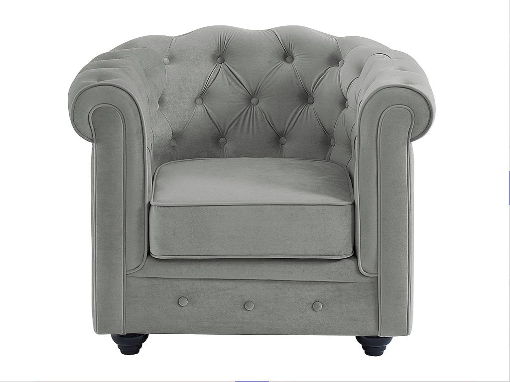 Capitonnage du fauteuil chesterfield ILFORD en velours gris clair