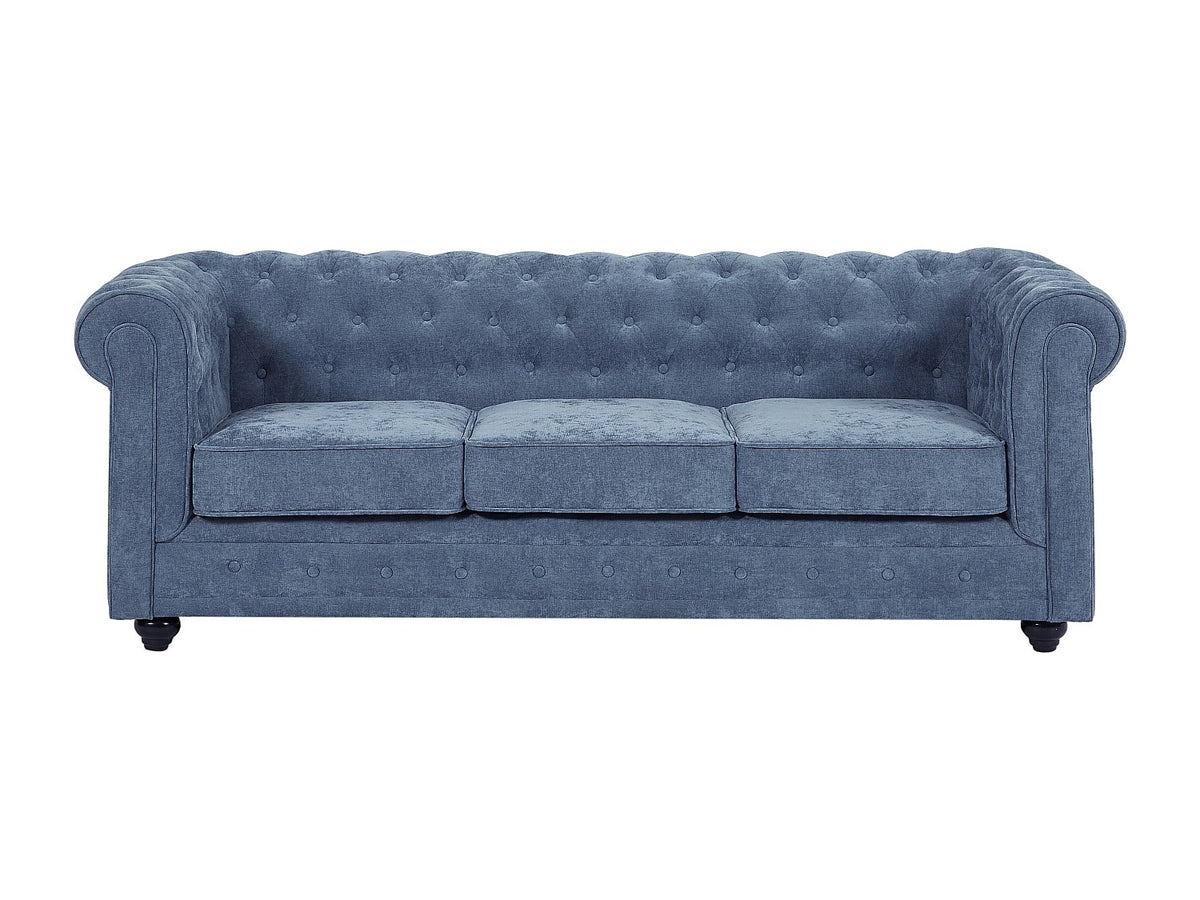 Capitonnage du canapé chesterfield WALTON 3 places tissu bleu