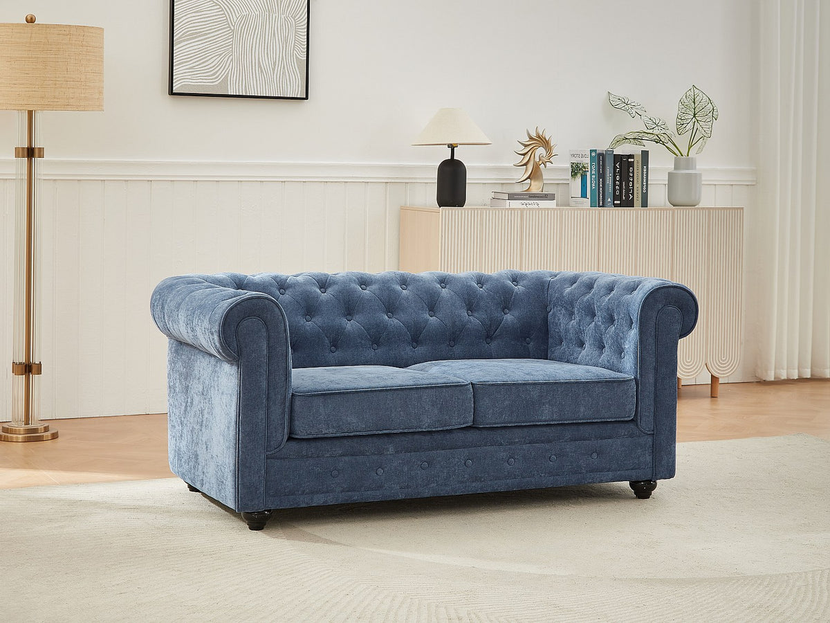 Canapé chesterfield 2 places en tissu bleu - WALTON