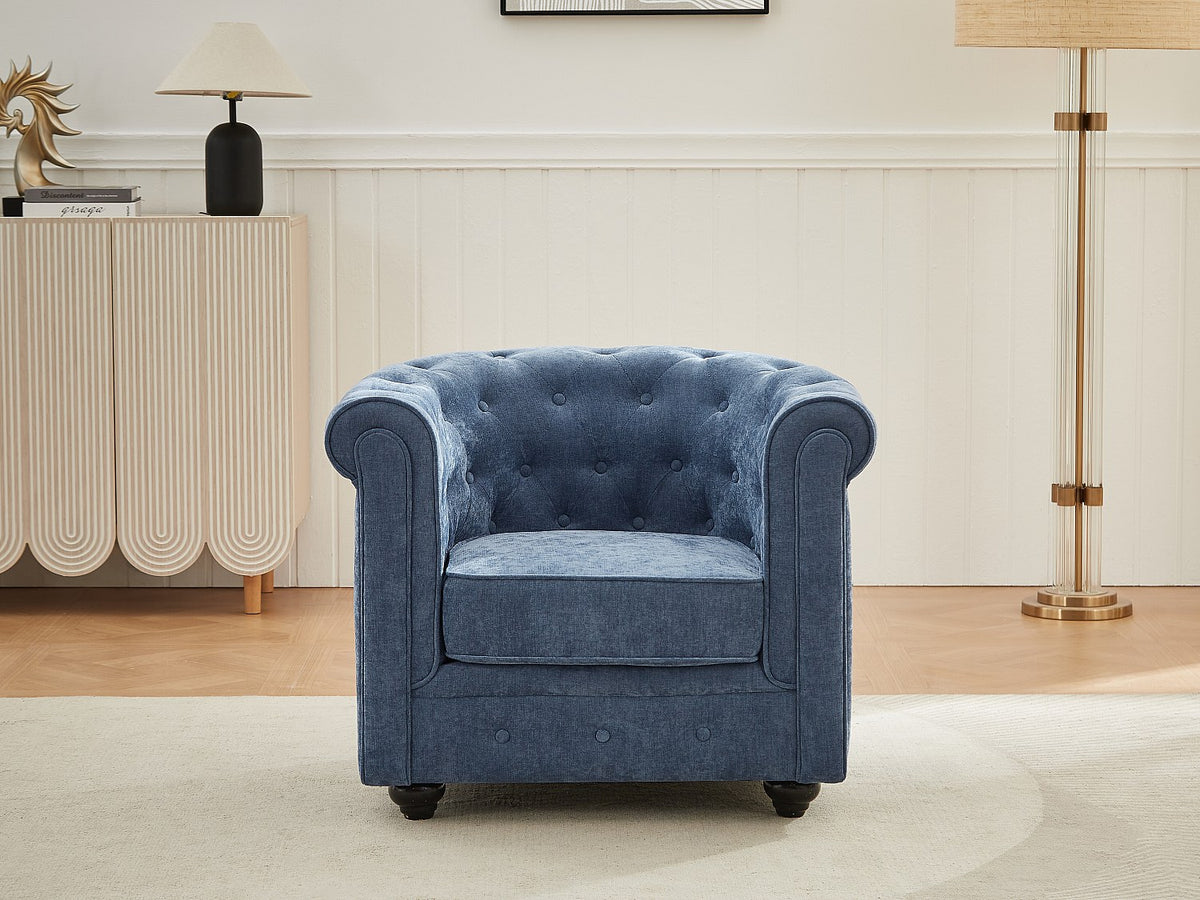 Vue d'ensemble du fauteuil chesterfield WALTON 1 place en tissu bleu