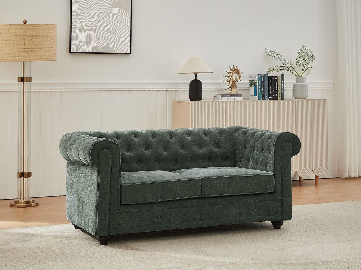 Canapé chesterfield 2 places en tissu vert - WALTON