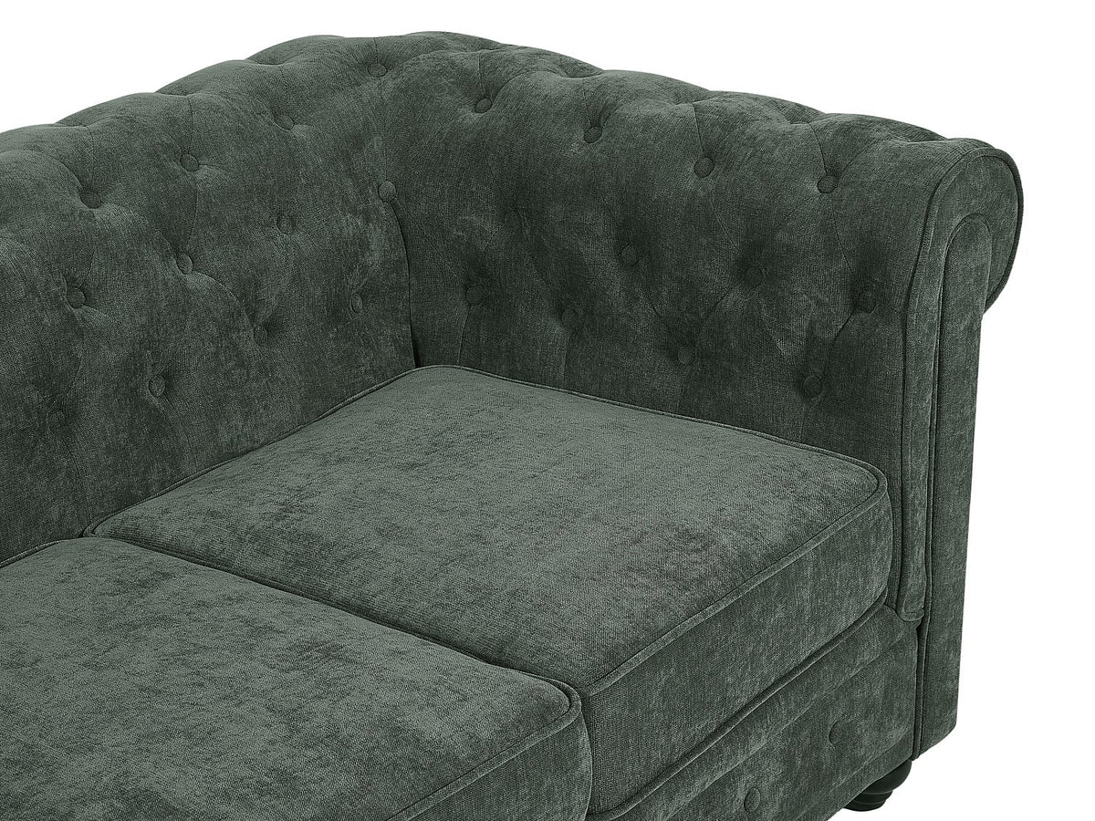 Détail du tissu vert du canapé chesterfield WALTON 2 places