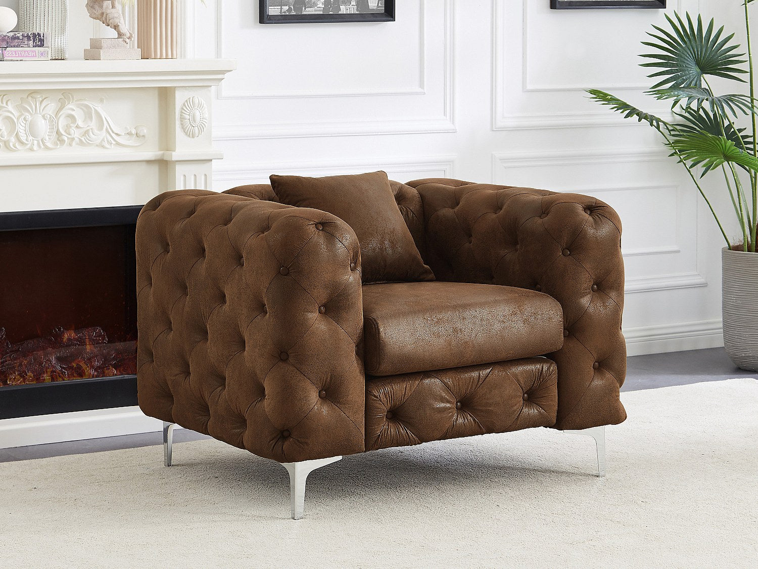 Fauteuil chesterfield 1 place en microfibre marron - EDWINA