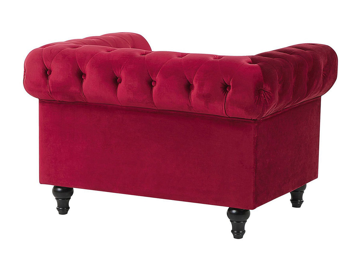 Détail du velours rouge bordeaux du fauteuil chesterfield OSWALD