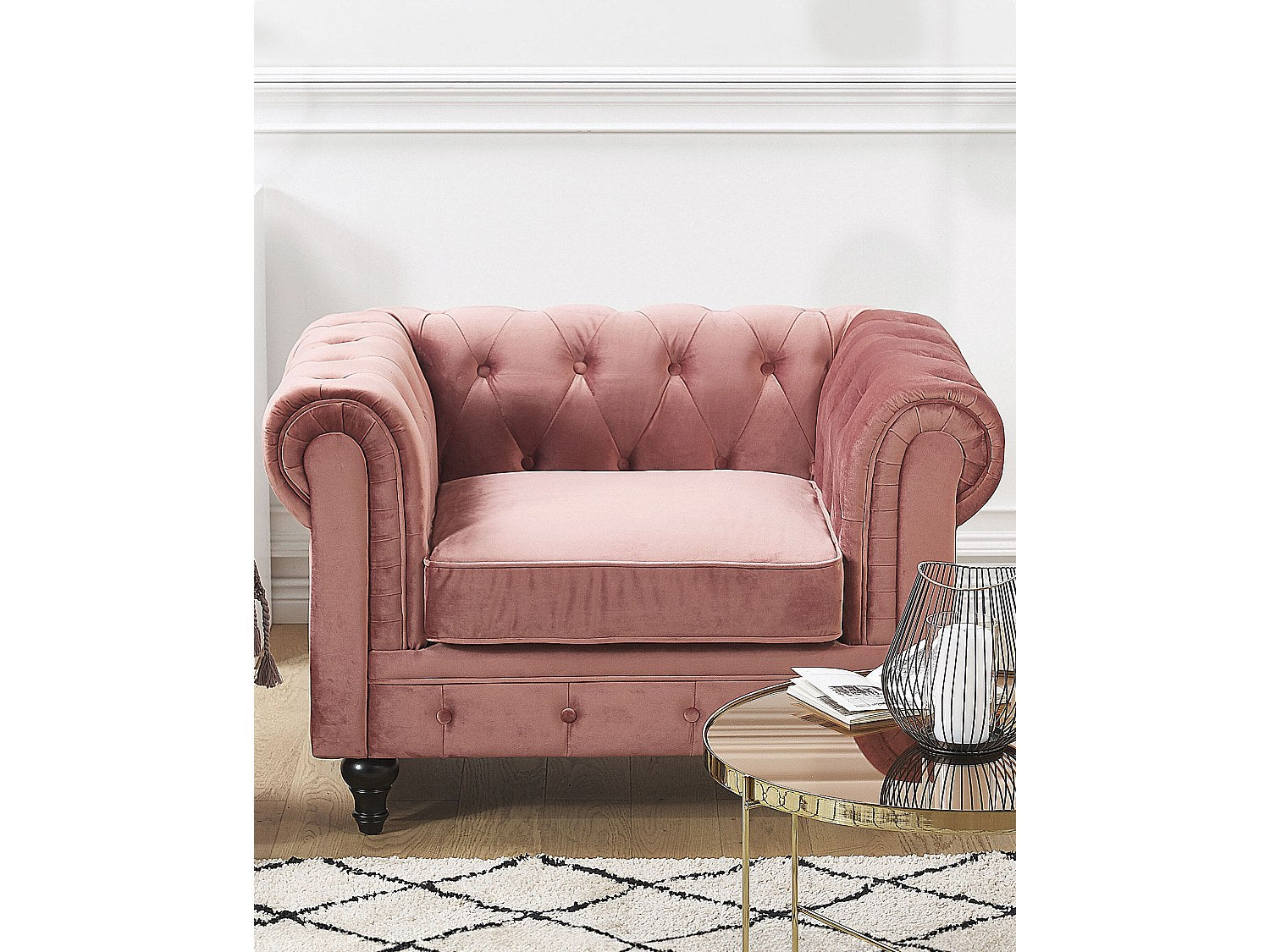 Fauteuil chesterfield 1 place en velours rose - JARVIS