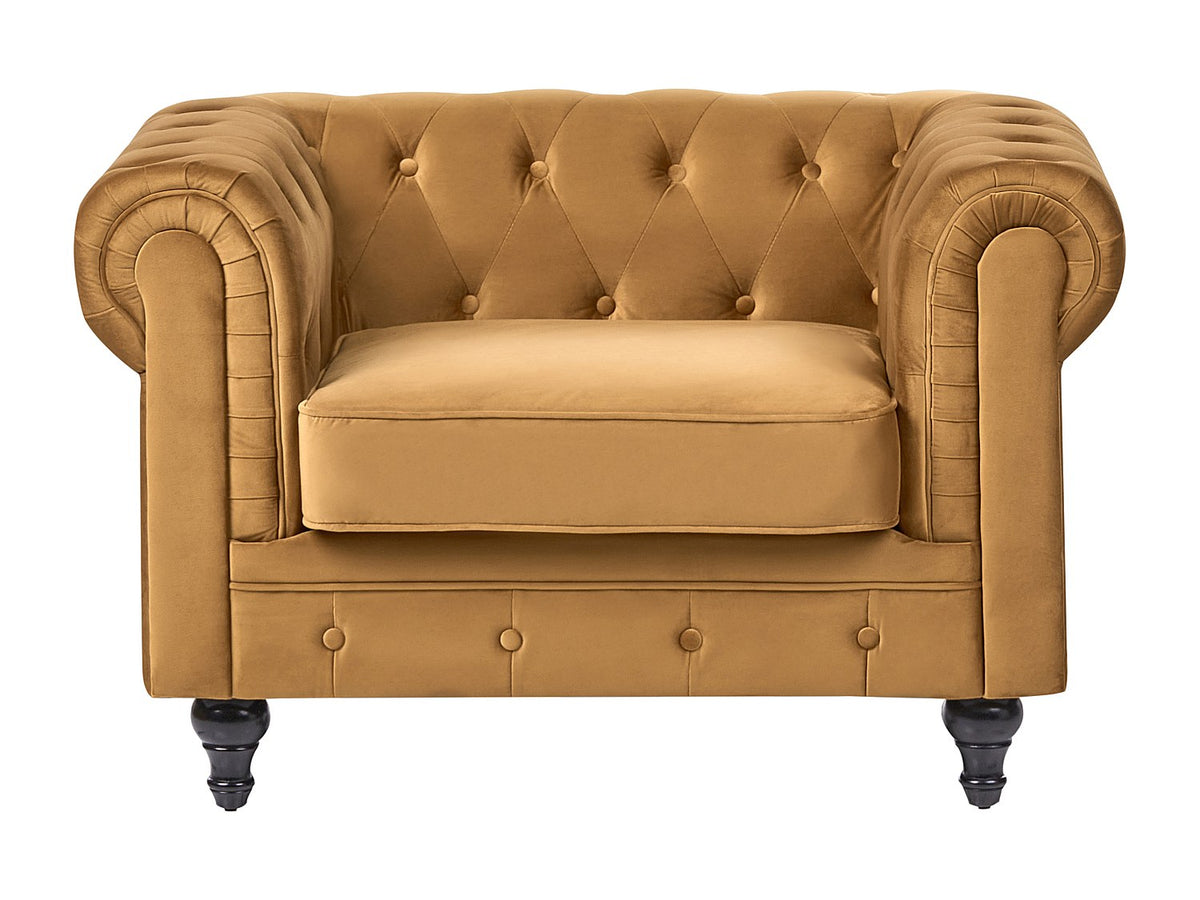 Détail du velours jaune moutarde du fauteuil chesterfield HUXLEY