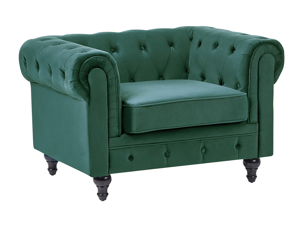 Capitonnage en losanges du fauteuil chesterfield FENTON vert