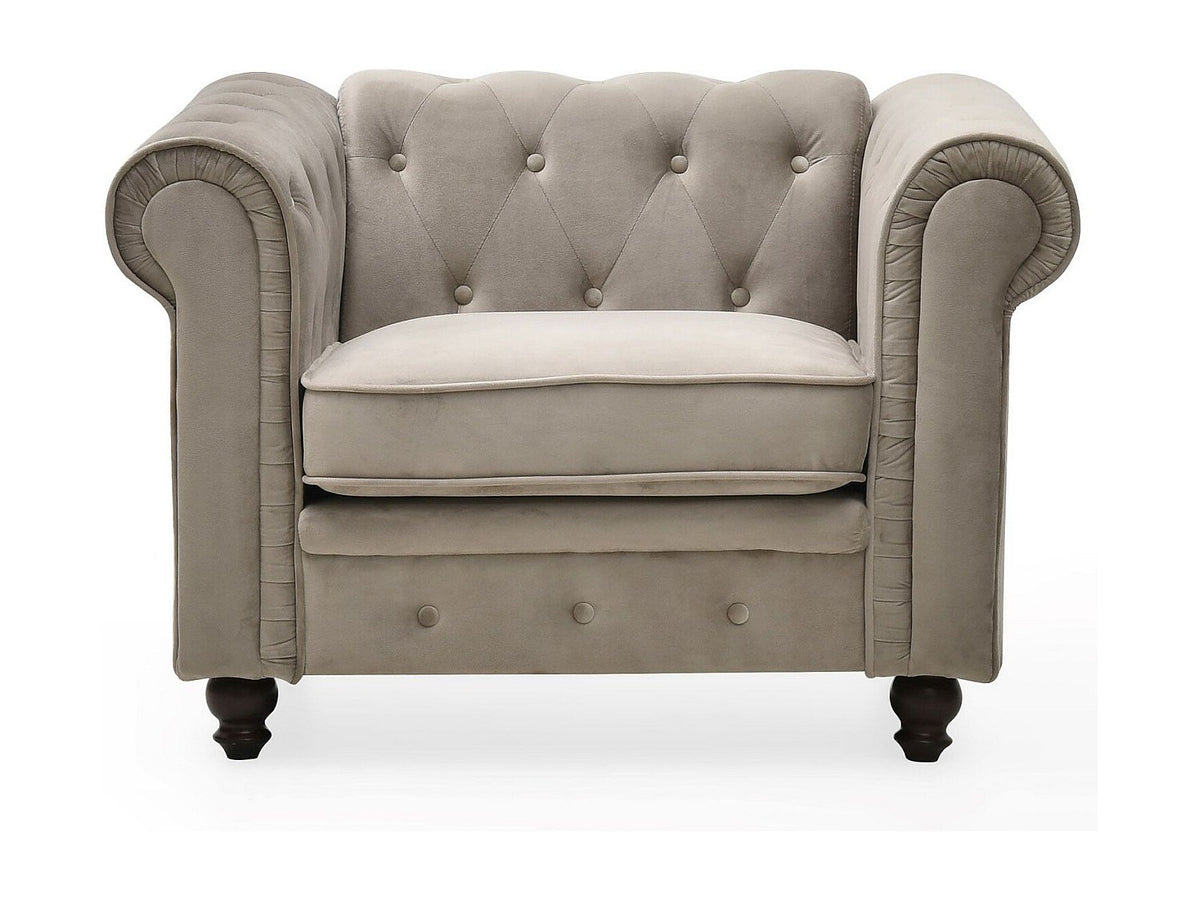 Capitonnage du grand fauteuil chesterfield WINDSOR en velours taupe