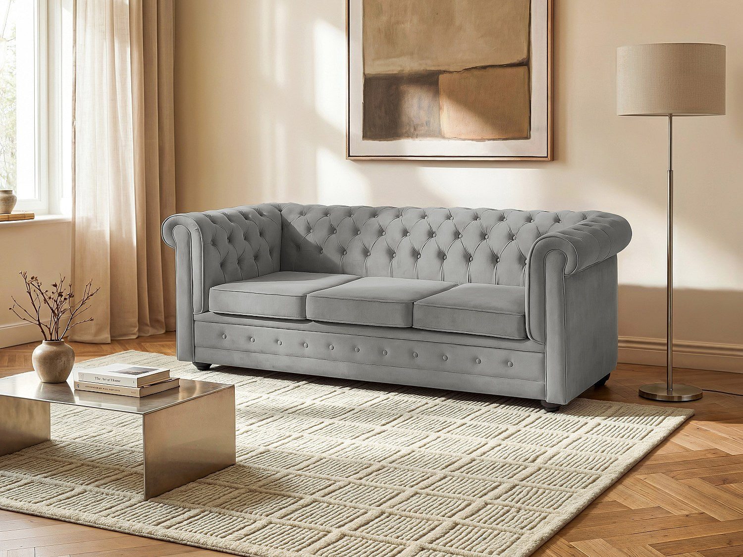 Détail du velours gris clair du canapé chesterfield convertible WINSTON