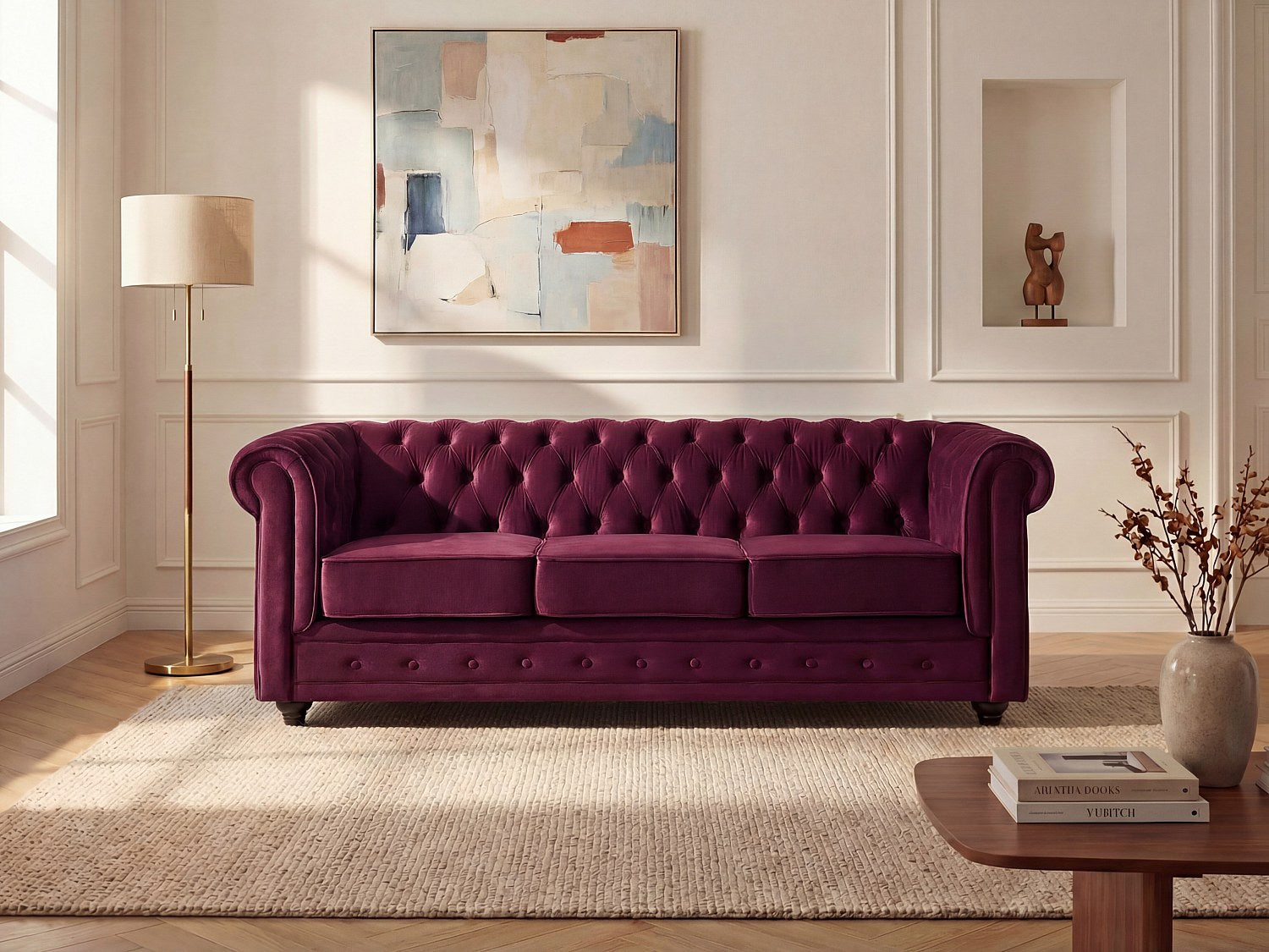 Canapé chesterfield 3 places en velours bordeaux - SHERWOOD