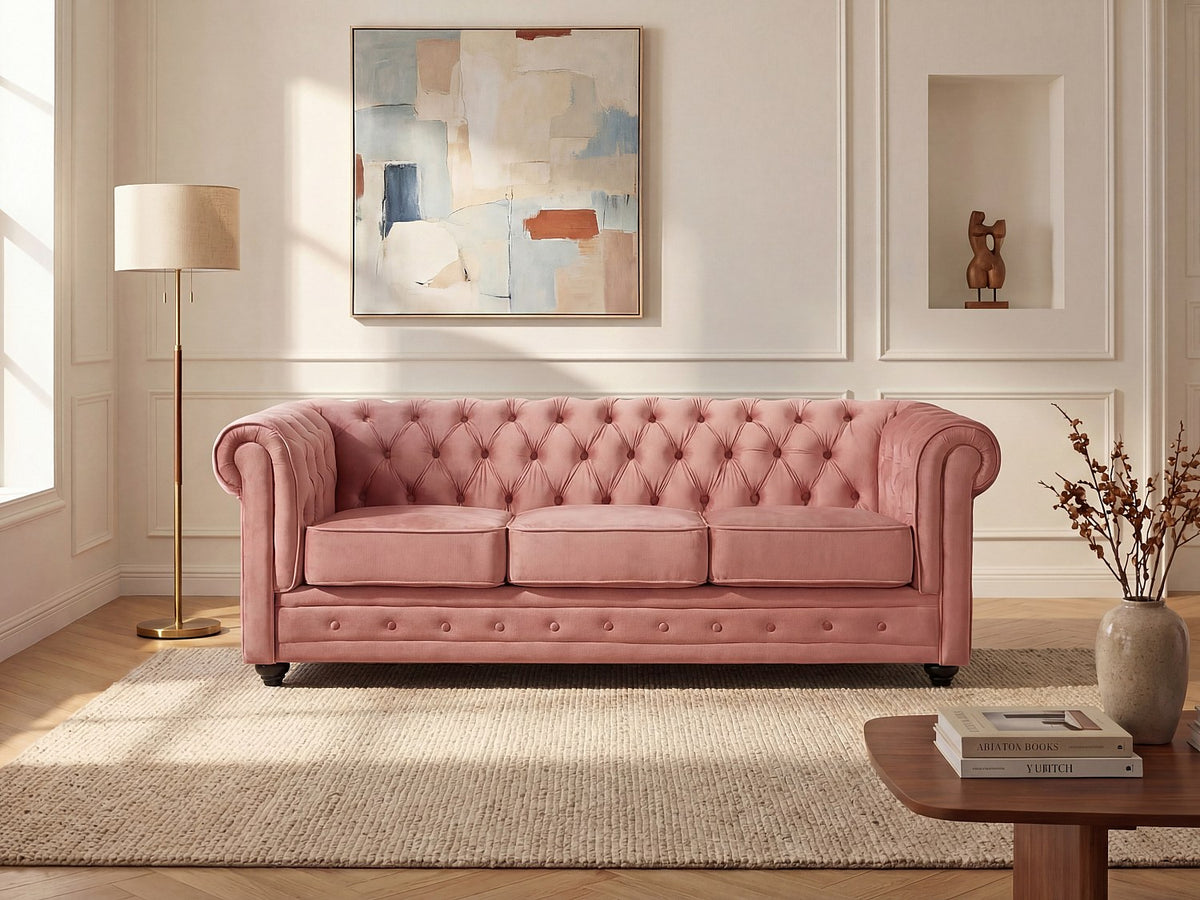 Canapé chesterfield 3 places en velours rose poudré - KELVIN