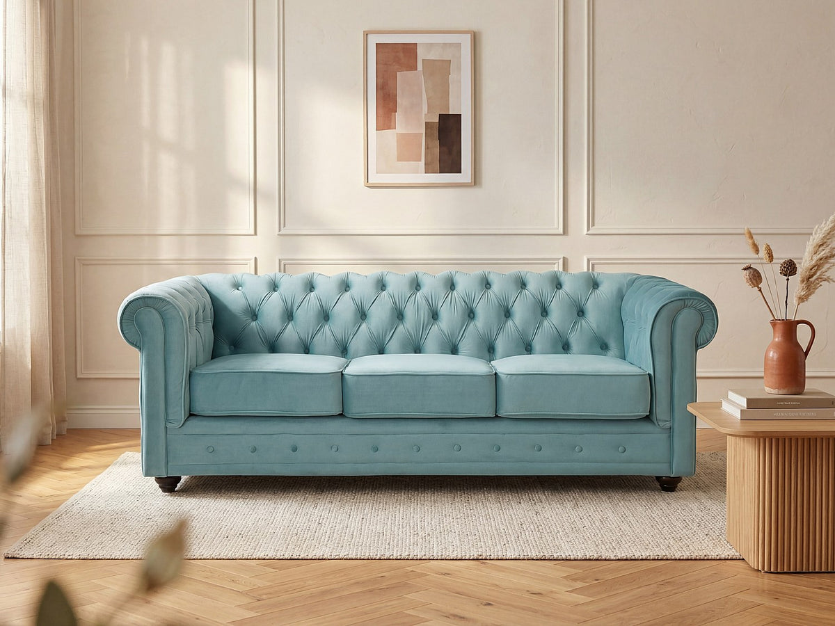 Canapé chesterfield 3 places en velours bleu ciel - JUDSON