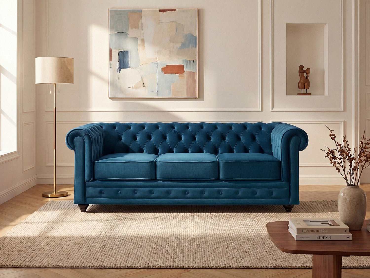 Canapé chesterfield 3 places en velours bleu canard - WALLACE